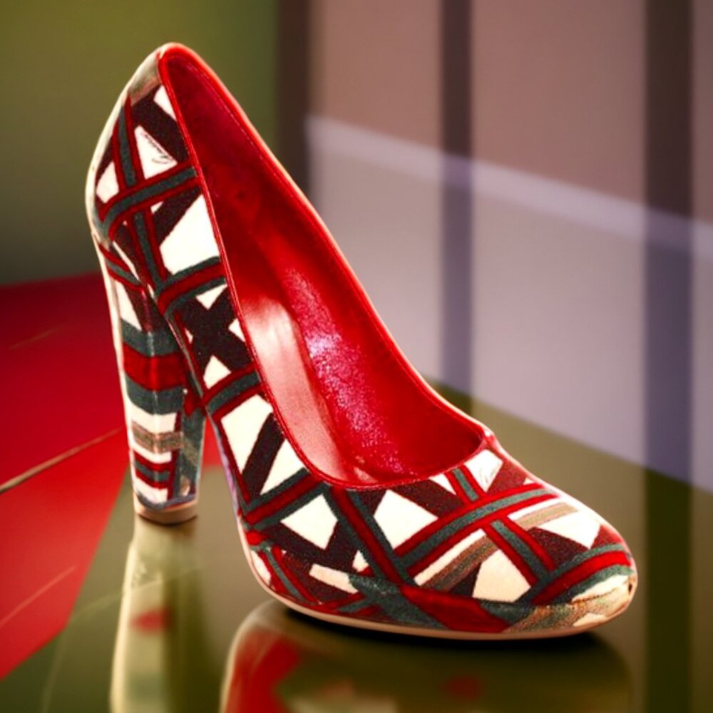 Gucci Velvet Geometric Cream Maroon Green Signed Platform Pumps, Size 6 - Picture 12 of 14